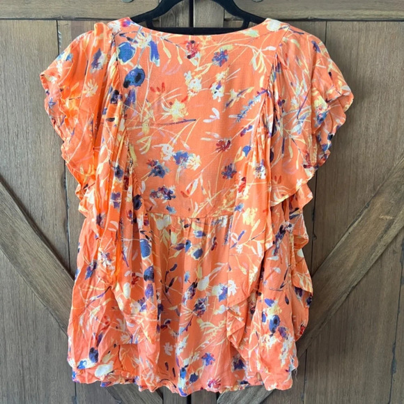 Haute Hippie Orange/Yellow Blue Modal Floral V Neck 1/4 Button Top Size Large - Picture 3 of 4